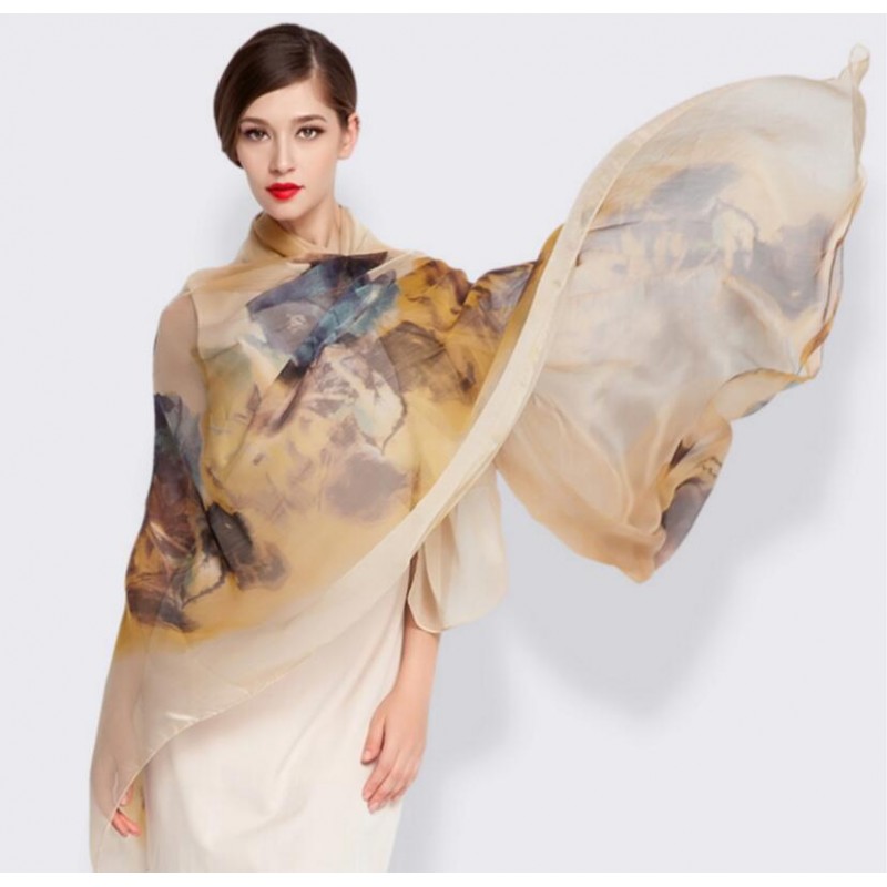 Pure Silk Scarf Camel Yellow Print Women Summer Scarf